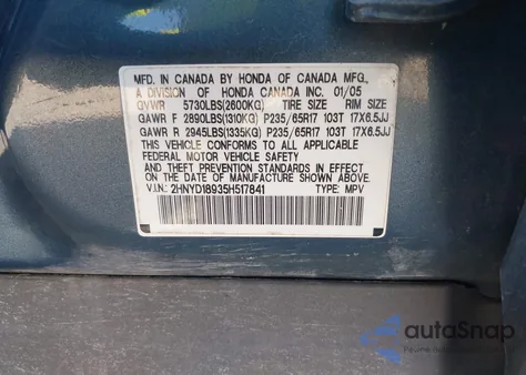 2005 Acura Mdx из США, поврежденный, VIN 2HNYD18935H517841